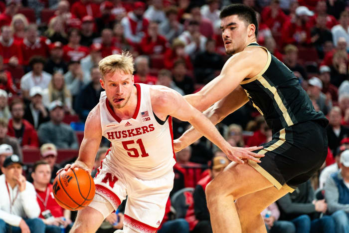 Nebraska forward Rienk Mast drives against Purdue center Zach Edey during the first half Tuesday night at Pinnacle Bank Arena in Lincoln. (Jan 9, 2024)